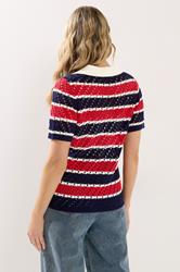 LTS Tall Woman's Blue & Red Crochet Stripe Polo Top | Long Tall Sally 4