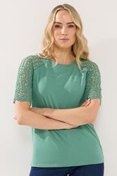 LTS Tall Women's Teal Green Crochet Raglan Cotton T-Shirt | Long Tall Sally 3