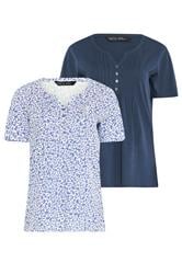 M&Co 2 PACK Navy Blue & White Floral Cotton Henley Tops