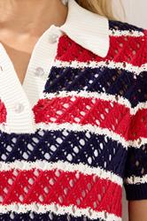 LTS Tall Woman's Blue & Red Crochet Stripe Polo Top | Long Tall Sally 5