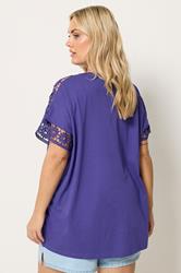 YOURS Plus Size Purple Crochet Sleeve T-Shirt | Yours Clothing 2