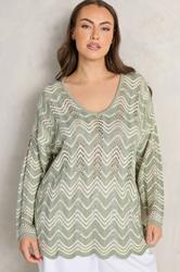 EVANS Plus Size Sage Green Wave Stitch V-Neck Jumper | Evans 3