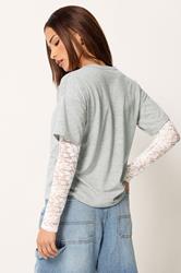 PixieGirl Petite Women's Grey & White Long Sleeve Lace T-Shirt | PixieGirl 2
