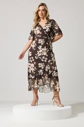 YOURS LONDON Plus Size Chocolate Brown Blurred Floral Wrap Dress | Yours Clothing 1