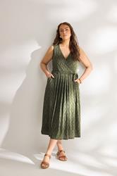 EVANS Plus Size Khaki Green Broderie Wrap Midi Dress | Evans 3