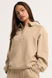 PixieGirl Petite Women's Natural Brown Button Collar Sweatshirt | PixieGirl 1