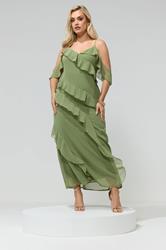 YOURS LONDON Plus Size Olive Green Ruffle Cold Shoulder Dress | Yours Clothing 2
