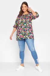 YOURS Plus Size Blue & Pink Floral Shirred Neck Gypsy Top | Yours Clothing