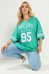 YOURS Plus Size Green 'Milano' Boxy Varsity T-Shirt | Yours Clothing 3