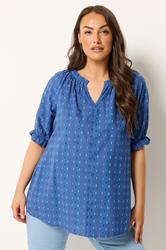 YOURS Plus Size Blue Dobby Frill Neck Top | Yours Clothing 3