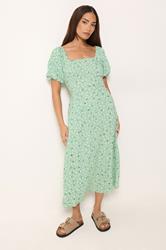 PixieGirl Petite Women's Light Green Daisy Puff Sleeve Midi Dress | PixieGirl 3