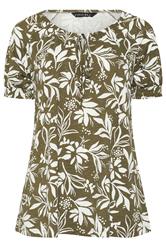 EVANS Plus Size Green Khaki Leaf Print Cotton Top | Evans 5
