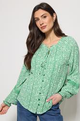 M&Co Green Floral Trim Detail Tie Neck Blouse | M&Co 3