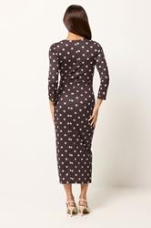 PixieGirl Petite Women's Chocolate Brown Polka Dot Twist Front Midi Dress | PixieGirl 4
