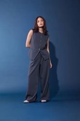 PixieGirl Petite Women's Navy Blue Pinstripe Wide Leg Trousers | PixieGirl 3