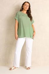 EVANS Plus Size Green Lace Detail Short Sleeve Top | Evans  1