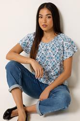 M&Co Petite Blue Floral Cotton Scoop Neck Top | M&Co 3