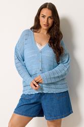 YOURS Plus Size Blue Pointelle Stitch Knitted Cardigan | Yours Clothing 3
