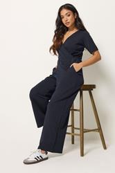 PixieGirl Petite Navy Blue Short Sleeve Wide Leg Jumpsuit | Pixie Girl 1