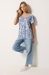 M&Co White & Blue Abstract Print Cotton Scoop Neck Top | M&Co 1