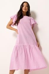 PixieGirl Petite Women's Pink Gingham Drop Waist Midi Dress | PixieGirl 2