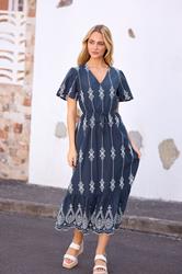 M&Co Navy Blue Broderie Tie Waist Cotton Dress | M&Co 3