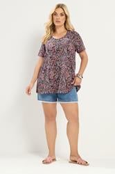 YOURS Plus Size Pink Ditsy Floral Ribbed T-Shirt | Yours Clothing 1