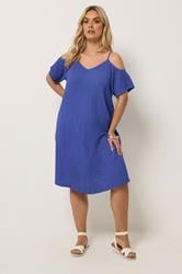 YOURS Curve Blue Texture Cold Shoulder Dress  1