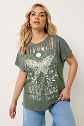 YOURS Plus Size Khaki Green  'Mystic Soul' Laser Cut Slogan T-Shirt | Yours Clothing 1
