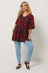 YOURS Plus Size Black & Red Floral Pleat Front Top | Yours Clothing 1