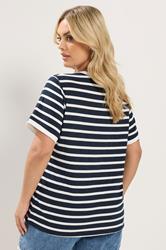 YOURS Curve Navy Blue Stripe Ringer T-Shirt | Yours Clothing 2