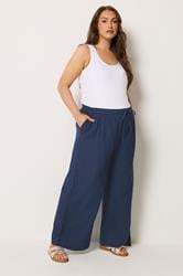 BUMP IT UP MATERNITY Plus Size Navy Blue Wide Leg Linen Trousers | Yours Clothing 1