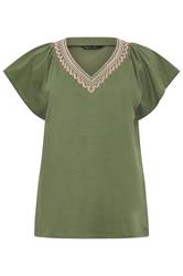 M&Co Khaki Green Embroidered Trim Cotton Cotton T-Shirt | M&Co 5