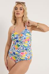 YOURS Plus Size Blue Mediterranean Tile Bandeau Swimsuit | Yours Clothing 2