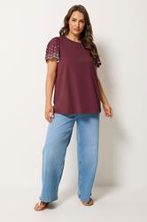 YOURS Plus Size Burgundy Red Embroidered Sleeve T-Shirt | Yours Clothing 1
