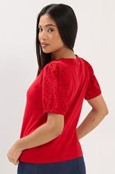 M&Co Petite Red Broderie Cotton Puff Sleeve Top | M&Co 2