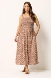 YOURS Plus Size Brown Geometric Shirred Sundress | Yours Clothing 1