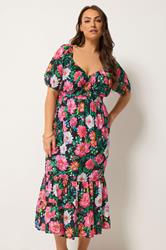YOURS Plus Size Black Floral Milkmaid Midi Dress | Yours Clothing 1