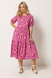YOURS Plus Size Pink Daisy Tiered Midi Dress | Yours Clothing 3