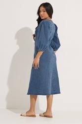PixieGirl Petite Women's Mid Blue Puff Sleeve Cotton Midi Dress | PixieGirl 4