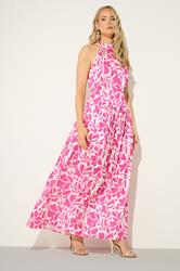 LTS Tall Women's Pink Abstract Satin Halterneck Maxi Dress | Long Tall Sally 3