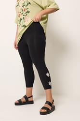 YOURS Plus Size Black Flower Detail Cropped Leggings | Yours Clothing 3