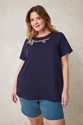 EVANS Plus Size Navy Blue Beaded Flower T-Shirt | Evans 1