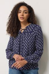 M&Co Navy Blue Aztec Tie Neck Blouse | M&Co 3