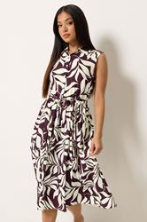 M&Co Petite Berry Purple Leaf Printed Sleeveless Midi Dress | M&Co 3
