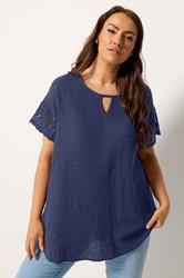YOURS Plus Size Navy Blue Crochet Cheesecloth Top | Yours Clothing 3