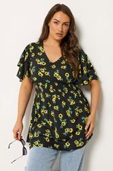 YOURS Plus Size Black Sunflower Print Flutter Sleeve Top | Yours Clothing 3