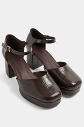 Brown Croc Faux Leather Platform Block Heels In Extra Wide EEE Fit | Yours Clothing 1