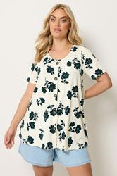 YOURS Plus Size Cream Floral Button Front Ribbed Swing Top | Yours Clothing 3