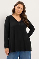 YOURS Plus Size Black Henley Ribbed Swing Top | Yours Clothing 3